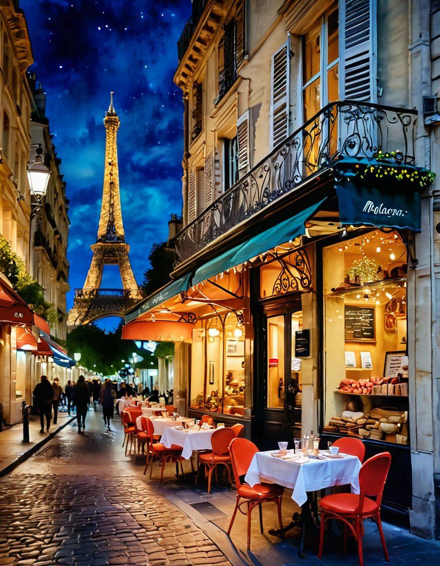 A picturesque Paris street lined with charming bistros and cafés, featuring a table set with an array of colorful French delicacies like macarons, croissants, and cheese. The Eiffel Tower can be seen in the background, with people savoring their meals under twinkling fairy lights. The atmosphere is warm and inviting, evoking the essence of Parisian gastronomy. watercolor. vibrant colors. soft focus.