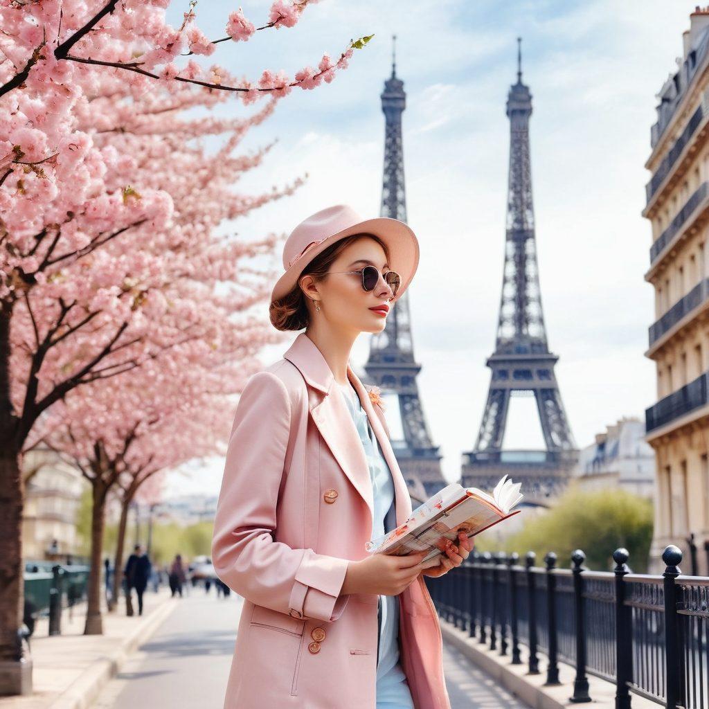 A glamorous Parisian street scene showcasing a fashionable traveler in elegant attire, holding a chic travel guide with iconic landmarks like the Eiffel Tower in the background, adorned with blooming cherry blossoms. The atmosphere radiates sophistication and adventure, inviting the viewer to experience the allure of Paris. watercolor style. pastel colors. soft focus.