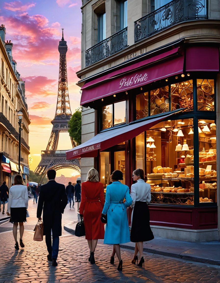 A fashionable Parisian street scene featuring stylish individuals strolling past charming cafés and boutiques, with iconic landmarks like the Eiffel Tower in the background. The atmosphere is vibrant and inviting, showcasing fashionable attire and delectable French pastries displayed in a bakery window. Capture the essence of chic Parisian life with a romantic sunset glow. super-realistic. vibrant colors. 3D.